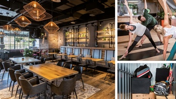 Collage dreier Bilder: Innenansicht eines Restaurants , Personen bei Dehungsübungen und Stapel von Reisetaschen und Kartons