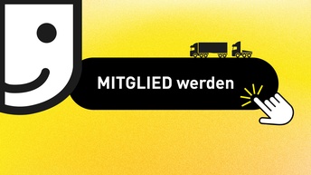 Button „Mitglied werden“ mit Lkw-Icon, Hand klickt darauf