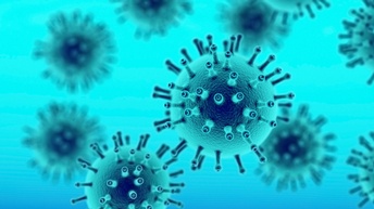 Coronaviren illustriert auf blauem Hintergrund