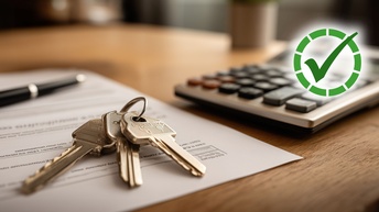 Schlüsselbund liegt auf einem unterschriftsreifen Vertrag, daneben liegt ein Taschenrechner - im Hintergrund verschwommen zwei Modelle von Häusern.