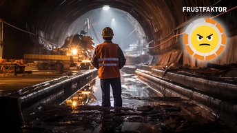 Tunnelarbeiten, Bauarbeiter steht mit dem Rücken zur Kamera
