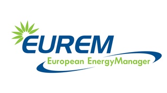Eurem-Logo: Blauer Schriftzug EUREM mit grünen stilisierten Blättern über dem E, darunter grüner Schriftzug European Energy Manager mit blauen geschwungenen Linien auf weißem Hintergrund
