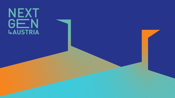 Titelbild Nextgen4you. Oben links der Schriftzug in türkis auf blauen Hintergrund in Großbuchstaben in drei Zeilen: erste Zeile Next, zweite Zeile Gen, dritte Zeile 4Austria. Unten links befinden sich drei Wörter in der selber Farbe: Übernehmen, Weiterentwickeln, Nachfolgen. Darunter befinden sich zwei Dreiecke in orange und türkis mit jeweils einer Fahne auf den Spitzen. 