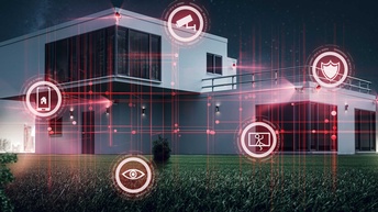Ein Haus mit Symbolen für Videoüberwachung, Einbruchmeldeanlagen