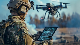 Soldat nutzt ein Tablet zur Steuerung einer Militärdrohne in einem Einsatzgebiet.