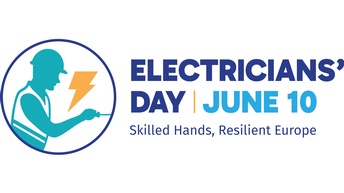 Logo „Electricians’ Day | June 10“ mit Illustration einer Person und Blitzsymbol.