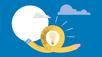 Illustration eines zur Schlaufe geformten Bleistifts mit Glühbirne in der Mitte