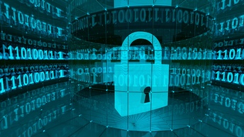 Rendering eines gesperrten Sicherheitsschlosses in einem gläsernen Raum mit runden Panelen auf denen Einser und Nullen leuchten.