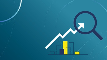 Abstrakte Grafik auf blauem Hintergrund: Eine weiße, gezackte Linie zeigt nach oben und endet  in einer großen Lupe, darunter mehrere Balken in unterschiedlichen Höhen. Die Darstellung ist  ein Symbol für Wachstum und steigende Zahlen.