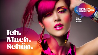 Bild mit Aufschrift Ich. Mach. Schön. Stylist & Friseur:in