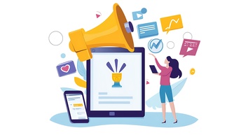 A woman is standing in front of a tablet with a large Megaphone