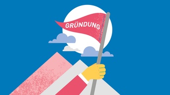 Illustration einer Hand, die Fahne mit Schriftzug Gründung in Händen hält
