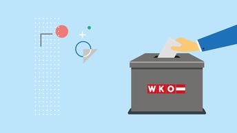 Illustration mit Symbolen wie Kreisen und Punkten links, rechts graue Wahlurne mit  rotem Logo und weißer Schrift WKO, in das Hand Wahlzettel wirft, gesamtes Motiv auf hellblauem Hintergrund