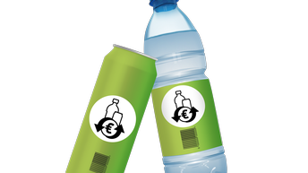 Grafik: Pfandlogo auf Plastik-Flasche und Dose