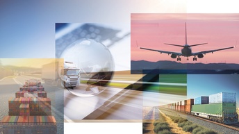 Collage aus mehreren Objekten zum Thema Verkehr und Güterbeförderung: Lkws, Schiff, Flugzeug und Zug