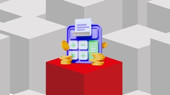 Stilisierte 3D-Grafik mit grauen Würfeln im Hintergrund und einem hervorgehobenen roten Würfel im Vordergrund. Darauf befindet sich ein stilisierter Taschenrechner