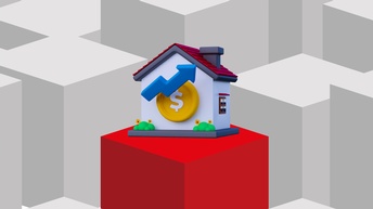 Stilisierte 3D-Grafik mit grauen Würfeln im Hintergrund und einem hervorgehobenen roten Würfel im Vordergrund. Darauf befindet sich ein stilisiertes Haus