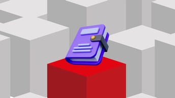 Stilisierte 3D-Grafik mit grauen Würfeln im Hintergrund und einem hervorgehobenen roten Würfel im Vordergrund. Darauf befindet sich ein stilisierter Filofax