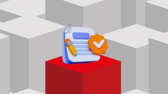 Stilisierte 3D-Grafik mit grauen Würfeln im Hintergrund und einem hervorgehobenen roten Würfel im Vordergrund. Darauf befindet sich ein stilisierter Notizblock und im Vordergrund ein Bleistift