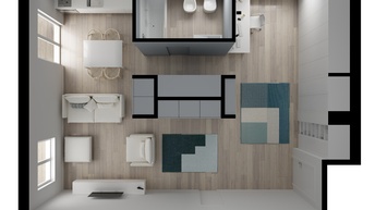 Wohnungsgrundriss mit Inneneinrichtung von oben, Vogelperspektive