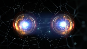 Zwei leuchtende Kugeln mit hellblauem verdicktem Kern umgeben von orangeroten bewegungsunscharfen Linien auf schwarzem Hintergrund mit weißen zu eckigen Formen verbundenen Linien
