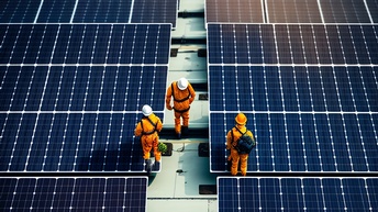 Drei Personen in orangen Arbeitsoveralls und Helmen in Vogelperspektive stehen zwischen schräg geneigten Solarpanelen