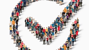 Auf weißem Hintergrund sind Illustrationen vieler Menschen, die einen Kreis bilden. Im Kreis ist ein Haken, der ebenfalls aus Personen gebildet ist
