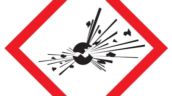 Schwarzes Symbol Kugel, die zerspringt, Linien und Teilchen vom Zentrum ausgehend rot quadratisch umrandet auf weißem Hintergrund