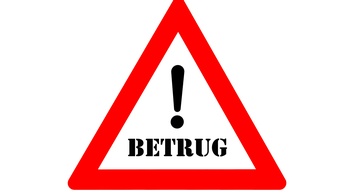 Grafik eines weißen Hintergrunds, auf dem ein rotes Dreieck ist, in dem ein Rufzeichen ist. Darunter steht Betrug
