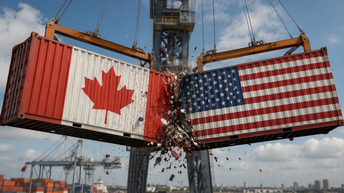 KI-generiertes Bild zweier Frachtcontainer, die an Seilen vor einer Hafenanlage hängen. Der linke Container trägt die kanadische Flagge mit rotem Ahornblatt auf weißem Grund. Der rechte Container ist mit der Flagge der USA mit Sternen und rot-weißen Streifen gestaltet. Die Container stoßen an ihren Stirnseiten zusammen