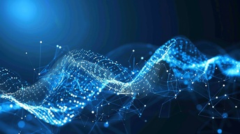 Ein leuchtendes, digitales Netzwerk aus blauen Lichtpunkten und Linien formt sich zu einer dynamischen Wellenstruktur auf dunklem Hintergrund.