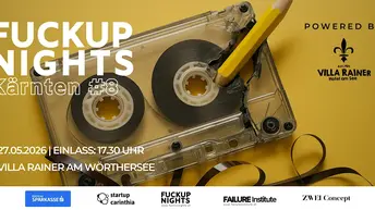 Sujet der Fuckup Nights Kärnten mit einer alten kaputten Kassette, in der ein Bleistrift steckt
