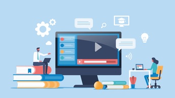 Vektor-Illustration eines blauen Hintergrunds, auf dem ein überdimensionaler Bildschirm ist. Auf dem Bildschirm ist ein Dreieck, das nach rechts ausgerichtet. Davor sitzt eine Person eine Bücherstapel und eine sitzt an einem Tisch