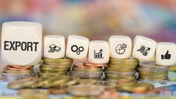 Euro-Münzen und Euro-Scheinen liegen auf einer Oberfläche, teilweise übereinander gestapelt. Auf den Münzstapeln liegen sieben Holzwürfel mit Symbolen zum Thema Finanzen, Wirtschaft, Export