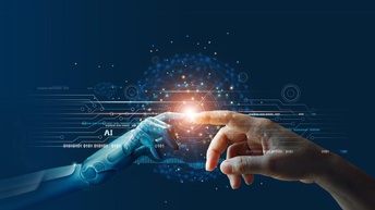 Zeigefinger eines Roboters und eines Mannes berühren sich