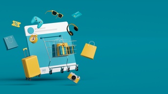 Vektor-Illustration eines Einkaufwagens, befüllt mit Einkaufstaschen vor einem türkisen Quadrat, das ein Tablet symbolisiert. Ringsum schwirren eine Sonnenbrille, ein Koffer, eine Kamera, Kopfhörer, ein Prozentzeichen und zwei Einkaufstaschen herum.