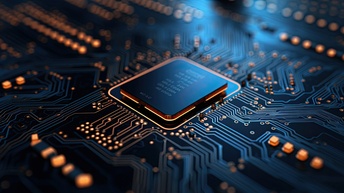 Detailansicht eines schwarzen quadratischen Computerchips mit abgerundeten Ecken und orangen leuchtender Umrandung platziert auf Computerplatine mit leuchtenden Linien