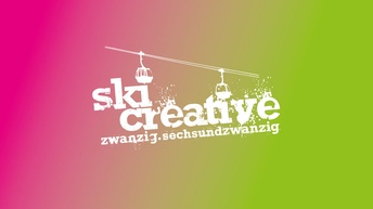 Grün-pinke Grafik mit Gondeln als graphisches Element und Schriftzug ski creative zwanzigsechsundzwanzig