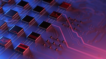 Darstellung von Computerplatinen: Kleine schwarze, quadratische, etwas erhobener Felder in der linken Bildhälfte. In der rechten Bildhälfte sind Striche und Verbindungen, die zu den schwarzen Feldern führen.