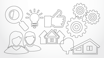 Diverse Icons: Daumen Hoch, Lupe, Glühbirne und weitere