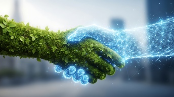 KI generiertes Bild. Handschlag. Linke Hand besteht aus Pflanzen, rechte Hand futuristisch. 