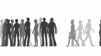 Silhouetten gehender und stehender Personen in unterschiedlichen Grautönen auf weißem Hintergrund