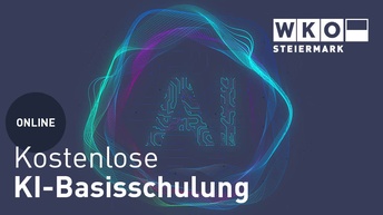 KI-Basisschulung mit AI-Icon und WKO Steiermark Logo in Weiß