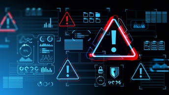 Grafik eines dunklen Hintergrunds, auf dem verschiedene Symbole in Blautönen sind. Zum Beispiel Rufzeichen, Statistiken, Diagramme, Schlösser, Zahlen, Ordner, Balken