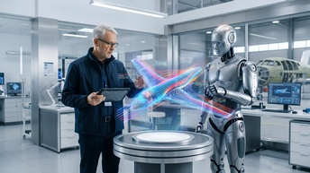 KI-generiertes Bild: Eine Person und ein Roboter stehen in einem Labor vor dem Hologramm eines Flugzeuges.