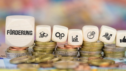 Würfel mit Schriftzug Förderung und unterschiedlichen Icons auf Münzen platziert