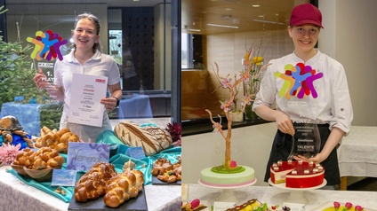 Die beiden Sieger:innen präsentieren ihre Gebäck- und Konditoreiwaren