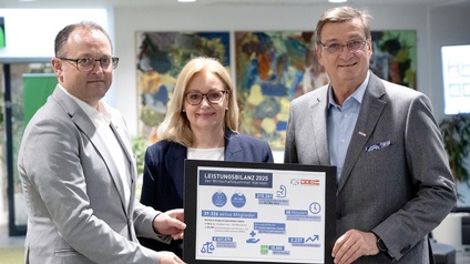 Direktor Höfferer, Servicezentrumleiterin Steinkellner und Präsident Mandl präsentieren die Zahlen aus dem Vorjahr