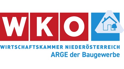 Logo der Arbeitsgemeinschaft der Baugewerbe. WKNÖ Logo auf blauem Hintergrund mit Schriftzug ARGE der Baugewerbe.