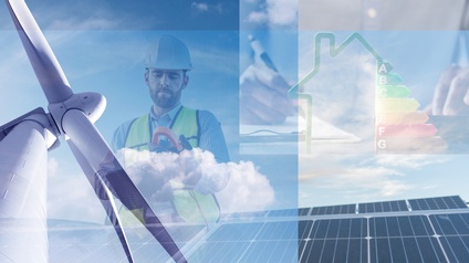 Collage eines Windrads, einem Energieeffizienzlogo und eines Elektrotechnikers bei der Montage eines Solarpanels